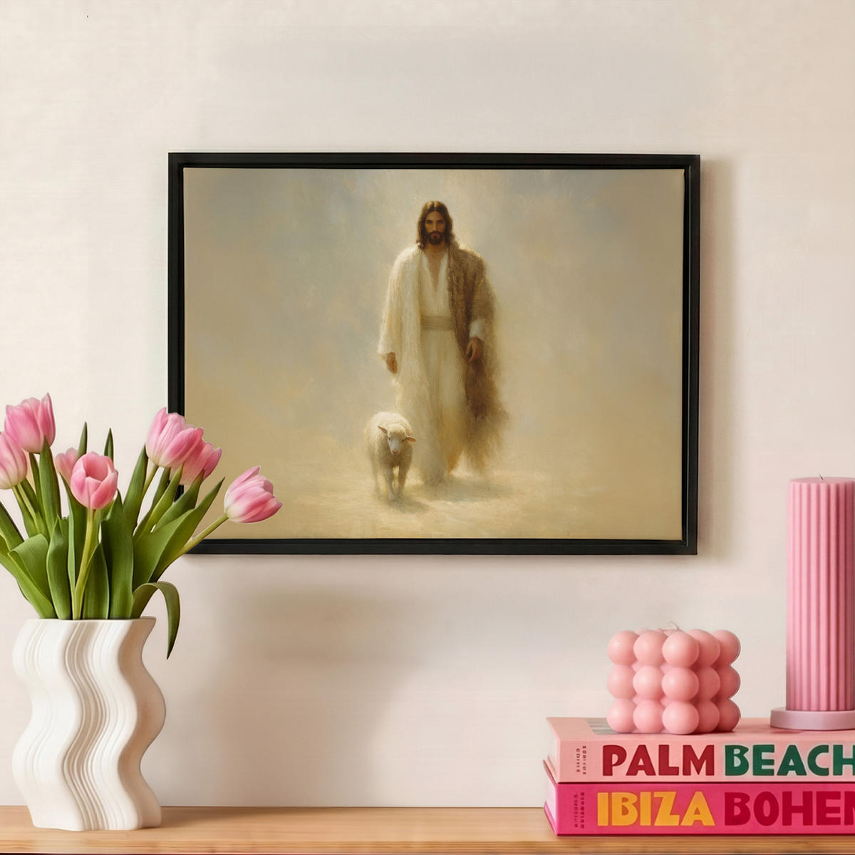 LEINWAND Bilder mit Rahmen - Schaf - Jesus - Pinselstriche - Abstrakt - 40x30 - Beige, Textil (40/30cm) - MuchoWow