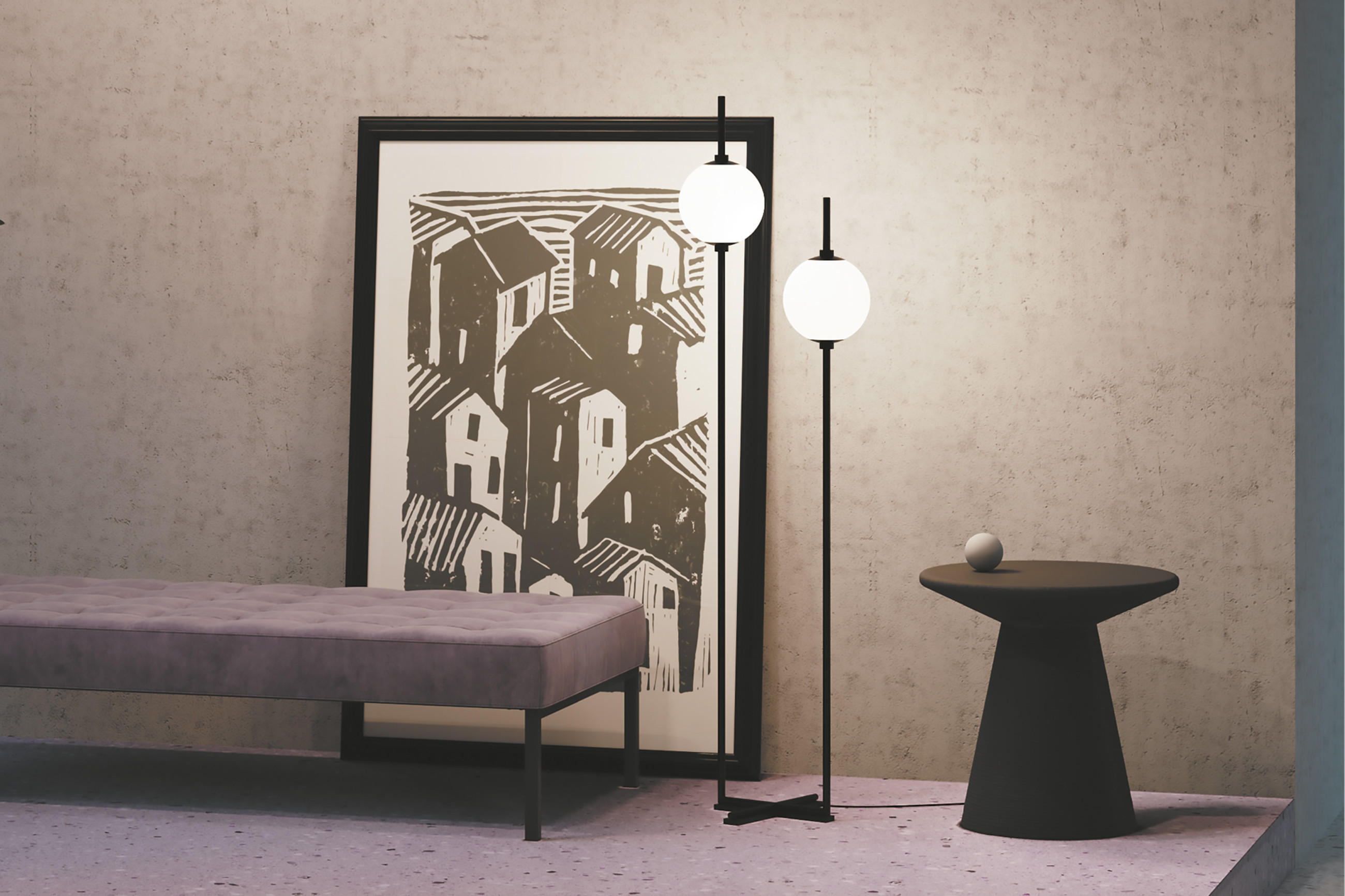 Stehleuchten der Marke MAYTONI vor einer hellgrauen Wand