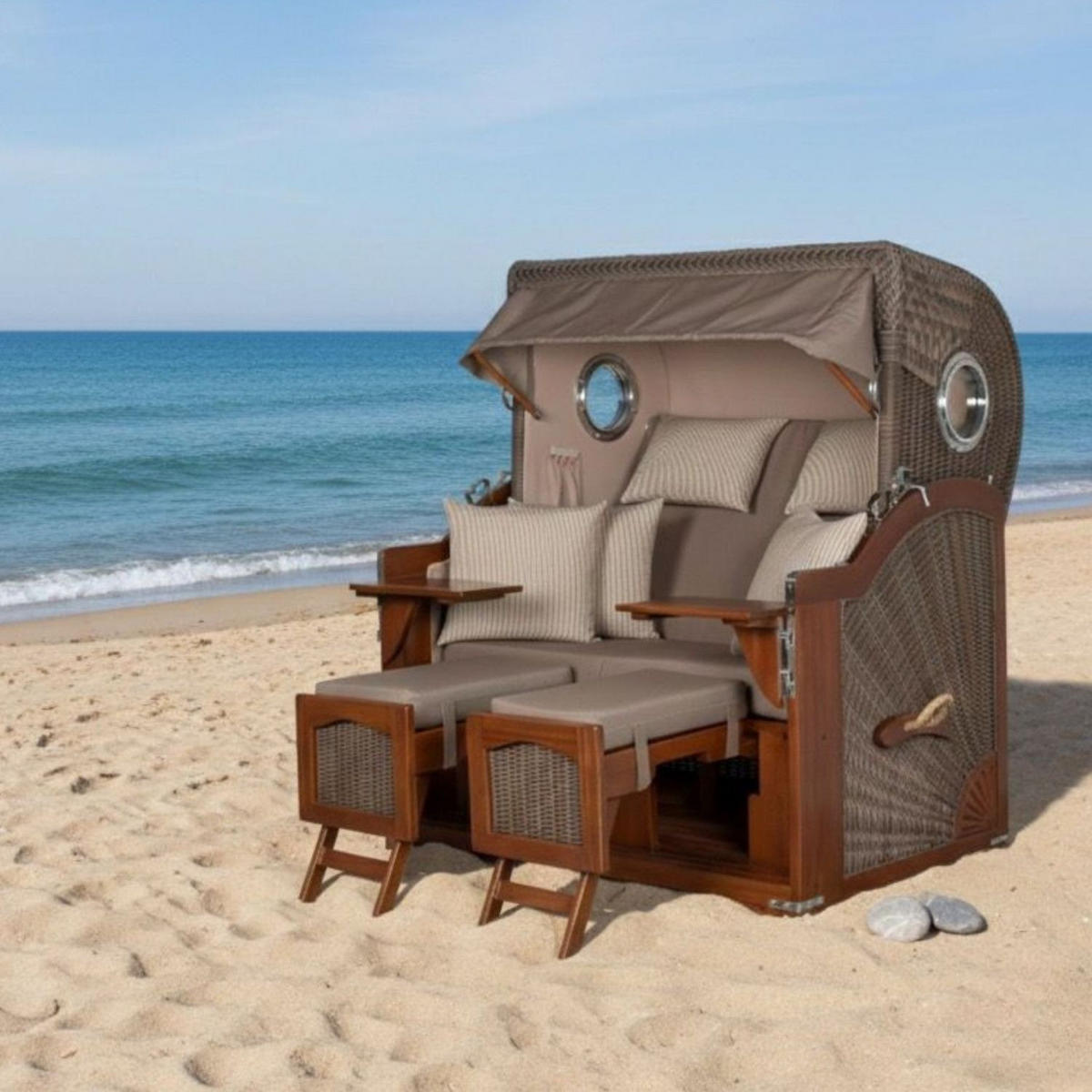 STRANDKORB Komplettset: Ammersee Grande XL Mahagoni Bullauge - PE grau - Modell 534 - Beige/Braun, Holz/Kunststoff (142/165/95cm) - bene living