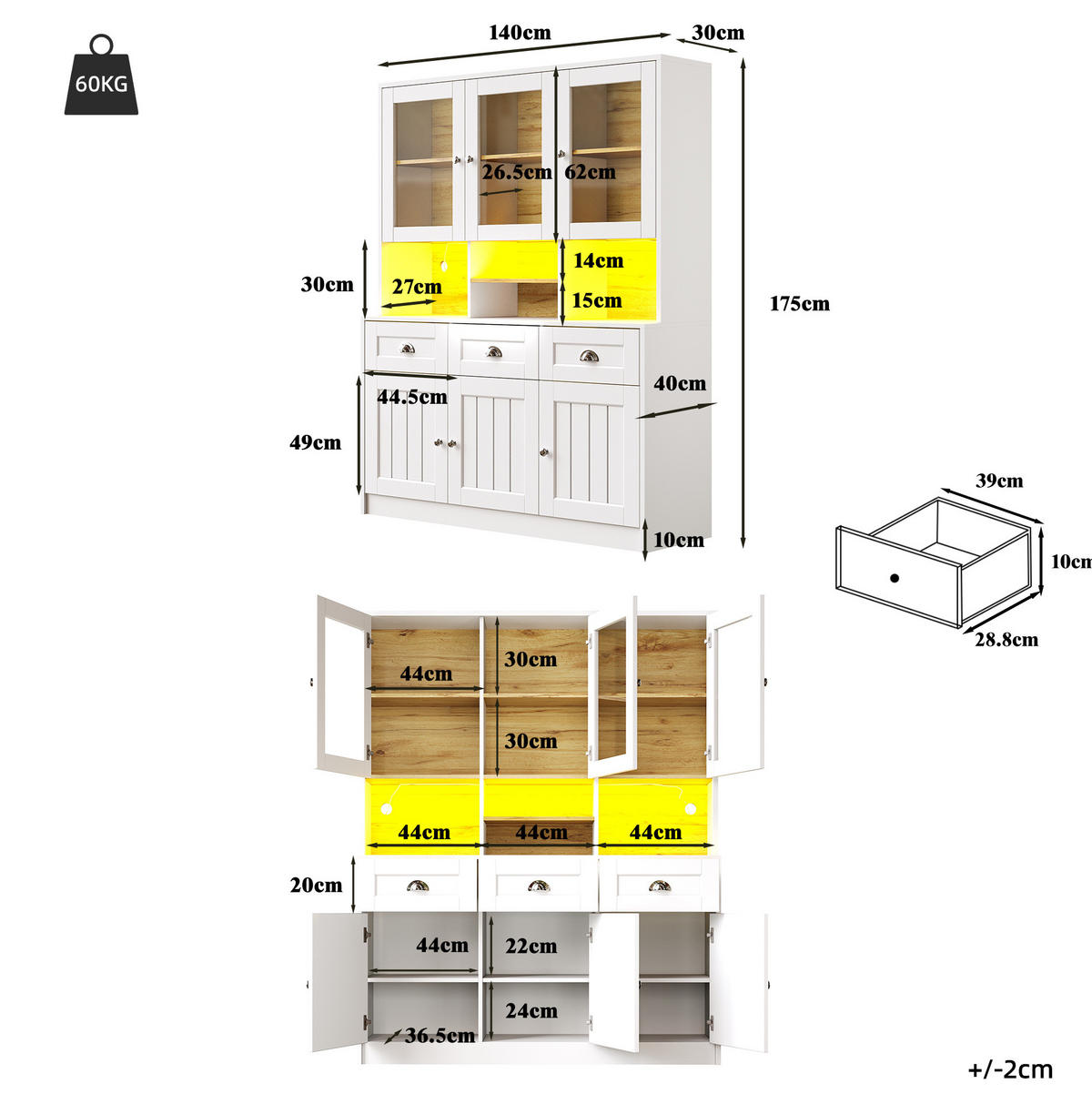 BUFFET 140/40/175 cm Weiß aus MDF mit LED-Beleuchtung - Weiß, Holzwerkstoff (140/175/40cm) - OKWISH