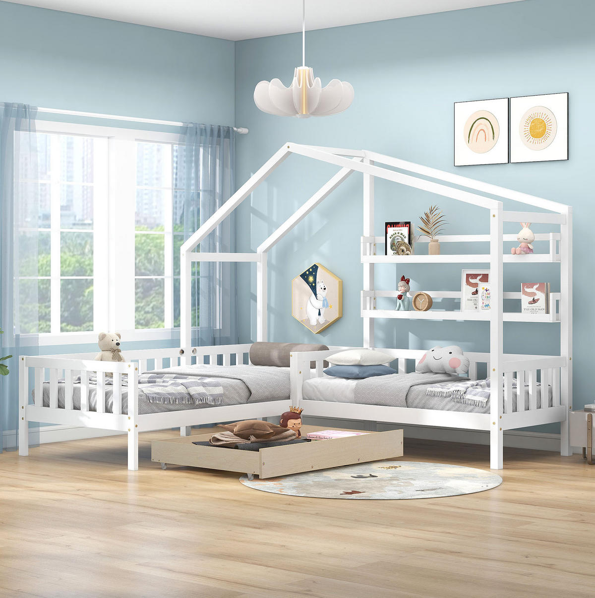 KINDERBETT 90/200 cm und 70/140 cm Hausbett L-Form mit Schubladen und Regalen, weiß, ohne Matratze - Weiß, Holz (90/200cm) - MIVRAY