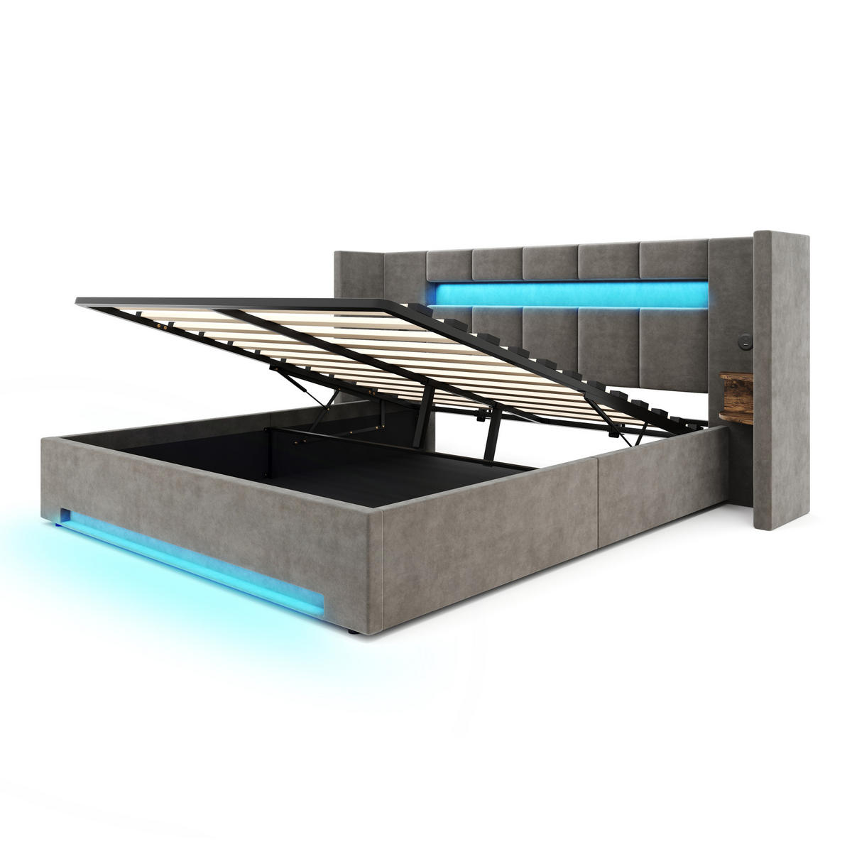 POLSTERBETT 160/200 cm mit USB-Anschlüssen, LED-Beleuchtung, Hydraulik-Stauraum und Seitenschränken, Dunkelgrau - Dunkelgrau, Textil (160/200cm) - Redom