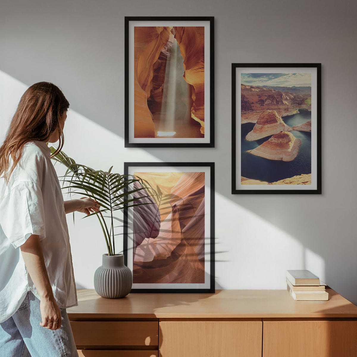 WANDBILDER 3er-Set - 40x60 cm Schwarzer Rahmen - Wasserfall in der Schlucht - Schwarz, Kunststoff (40/60cm) - ArtPrintCave