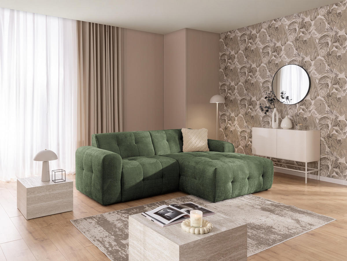 ECKSOFA Kozy im Bumpy-Design mit fester Rückenlehne aus weichem Grün Chenille-Stoff - Ottomane rechts - Schwarz/Grün, Holz/Kunststoff (234/161cm) - S-Style Möbel