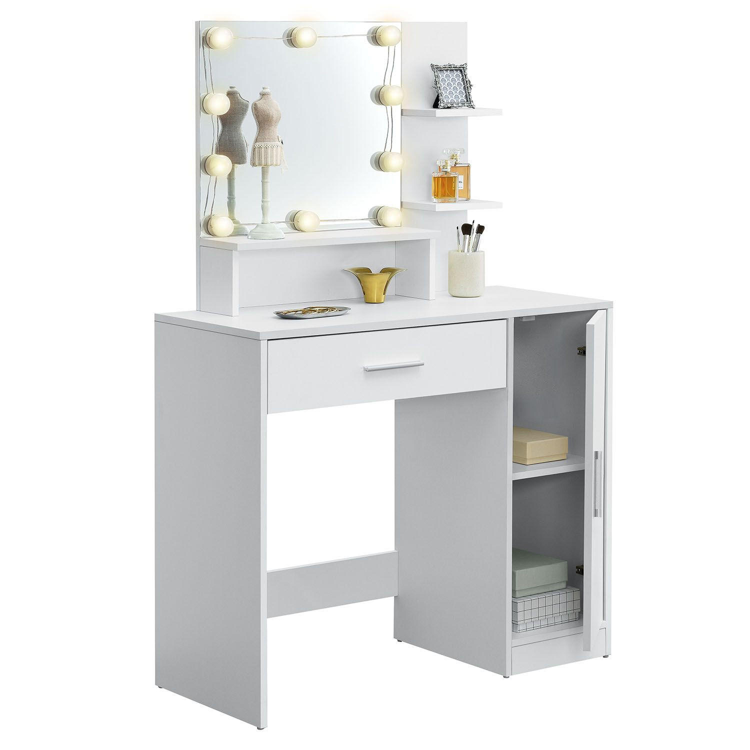 SCHMINKTISCH Zoey mit LED und Schrank - Weiß, Holzwerkstoff (38/137/90cm) - Juskys