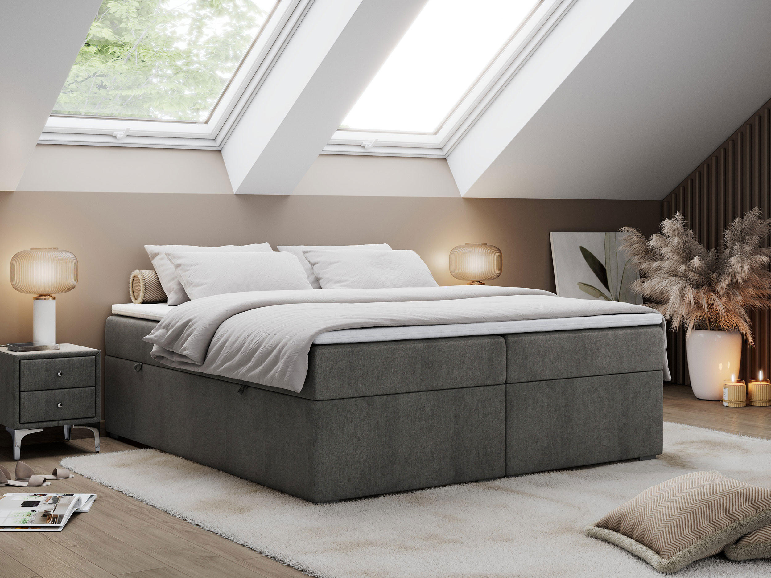 Thumbnail - MKS Boxbett, Dunkelgrau, Textil, 2-Sitzer, H3, Rechteckig, 200x200 cm, Oeko-Tex®, Schlafzimmer, Betten, Boxspringbetten