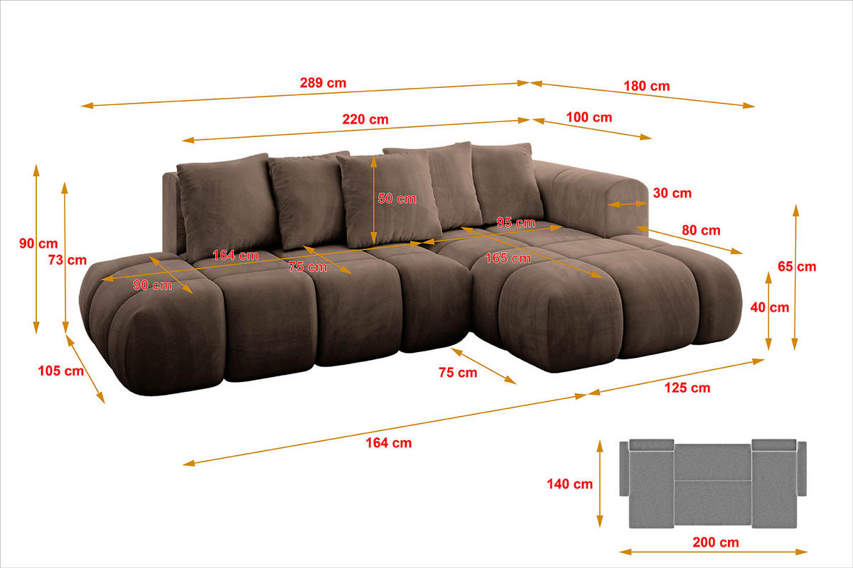 ECKSOFA Ottomane Rechts CLOUD-L-v1 289x180x40 Braun Velours - Braun, Holzwerkstoff/Kunststoff (289/180cm) - ALTDECOR