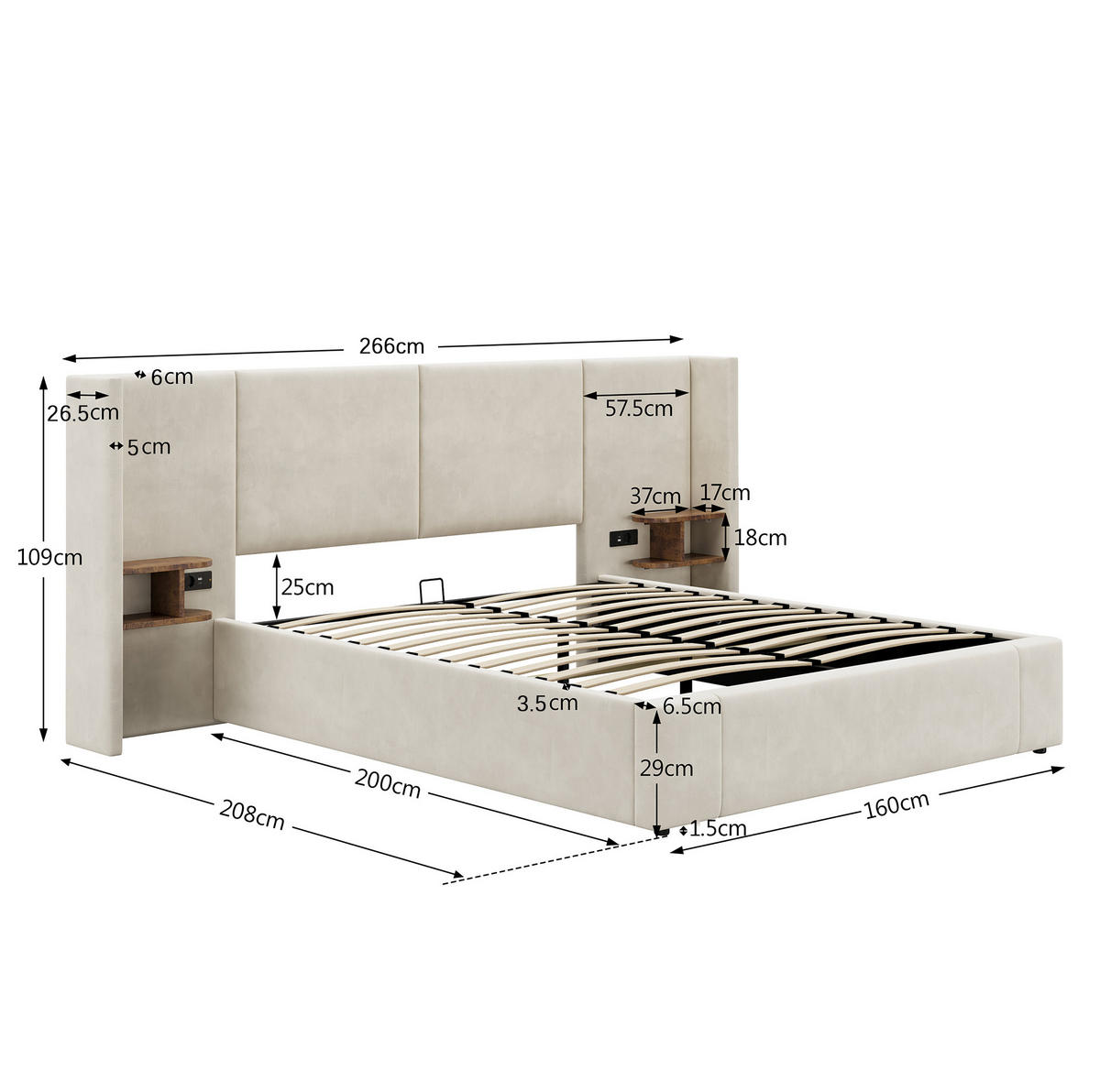 POLSTERBETT aus Samt 160x200 cm in Beige mit USB & Stauraum - Beige, Textil (160/200cm) - Modfu
