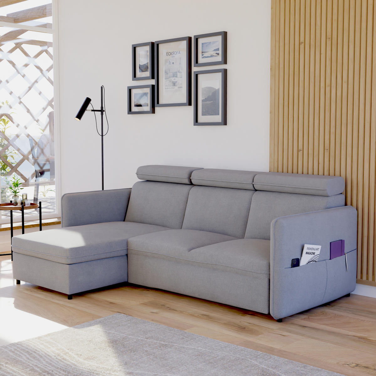 ECKSOFA mit Schlaffunktion und Bettkasten, Hellgrau - Grau, Holzwerkstoff/Textil (220/140cm) - Idohome