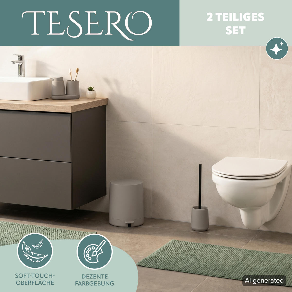 BAD-ACCESSOIRES-SET TESERO, Soft-Touch, braun - Braun, Kunststoff (22.5/25.5/25cm) - eluno
