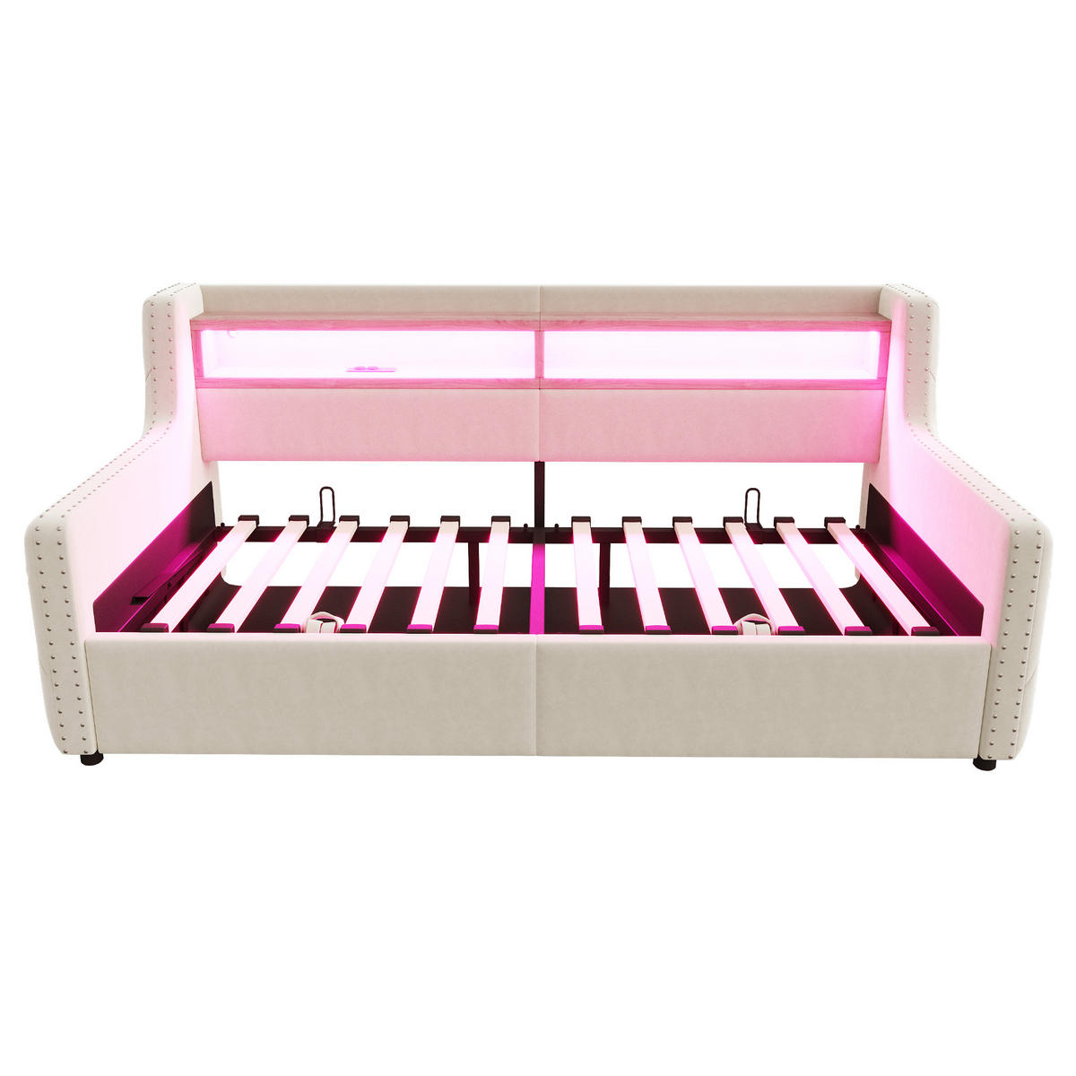 POLSTERBETT 90/200 cm DE-02101, in Beige, mit Sofafunktion, LED und Hydraulik - Beige, Metall (90/200cm) - ComfortXL