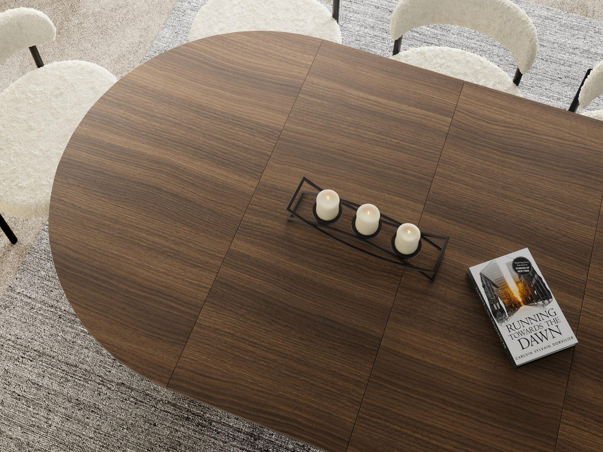 ESSTISCH Naro rund ausziehbar mit Weißem Lamellen-Metallgestell, Walnuss Braun 100-180/100/76 cm - Walnussfarben/Weiß, Holzwerkstoff/Metall (100/100/76cm) - WFL GROUP