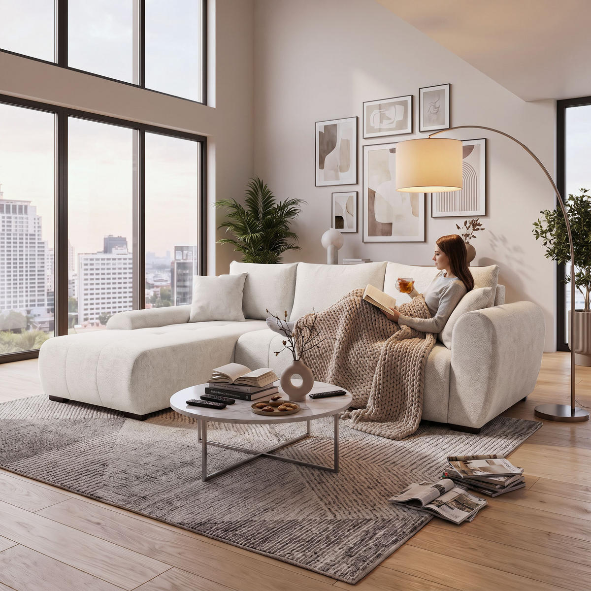 ECKSCHLAFSOFA Dallas mit Bettkasten, 255 cm, Creme, links, Velour-Stoff - Beige, Textil (255/175cm) - Beautysofa