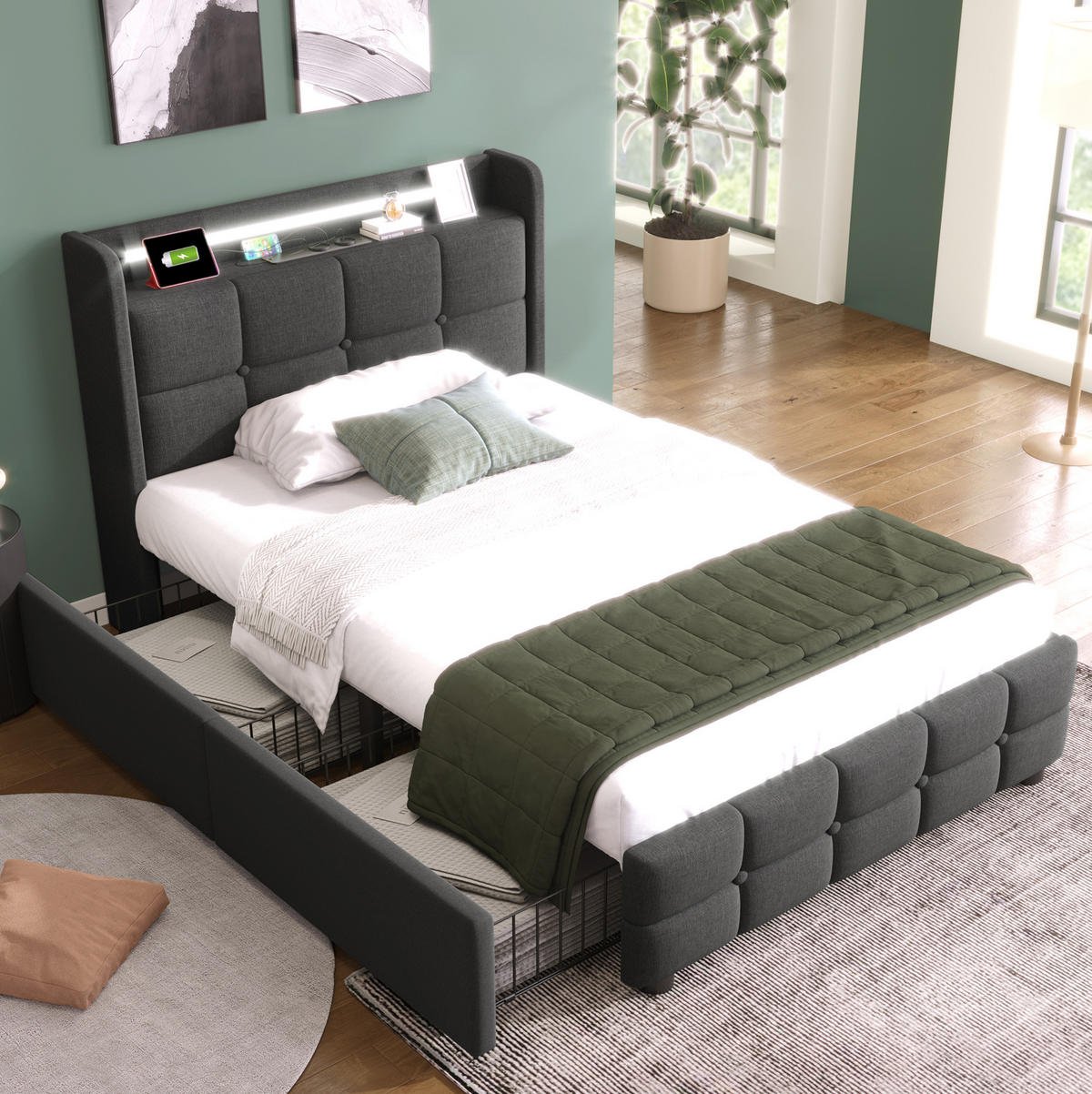 POLSTERBETT 90/200 cm mit LED-Beleuchtung, USB und 2 Schubladen in Grau - Grau, Holz (90/200cm) - BEAOK