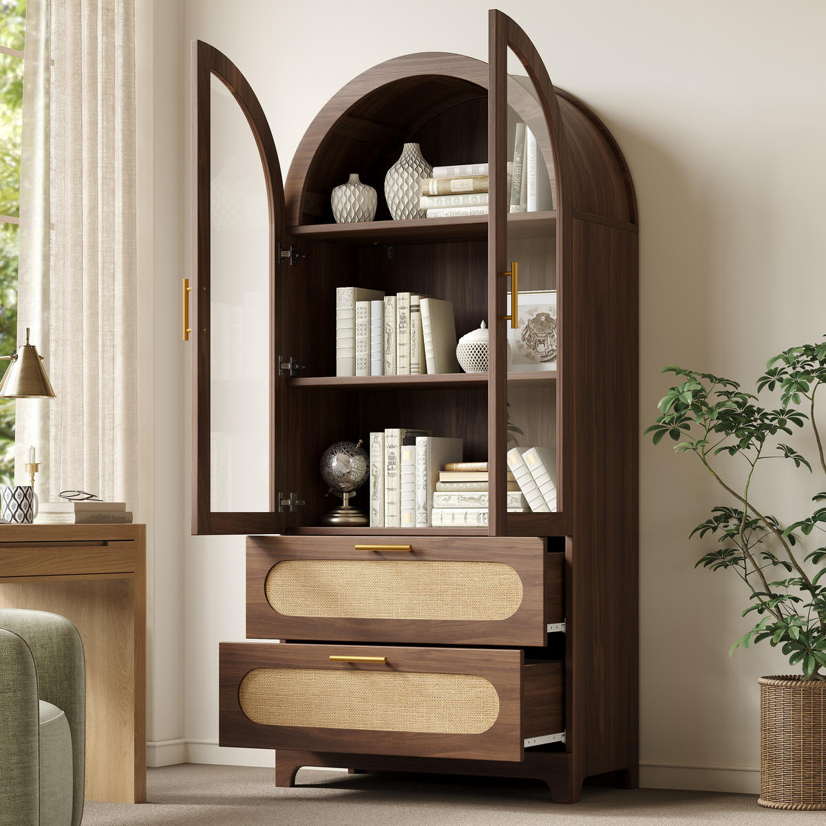 VITRINE in Nussbaum Bücherregal mit 2 Schubladen und verstellbaren Böden, H175/B80/T40cm - Transparent/Naturfarben, Glas/Holzwerkstoff (80/175/40cm) - STILVORA