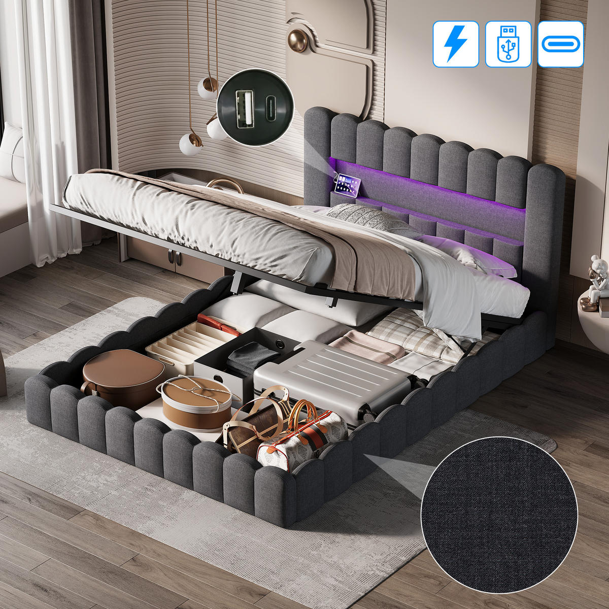 POLSTERBETT 180x200 cm Doppelbett, mit USB-Anschluss und LED-Beleuchtung, Leinenstoff in Grau - Grau, Holz (180/200cm) - BRILVERDE