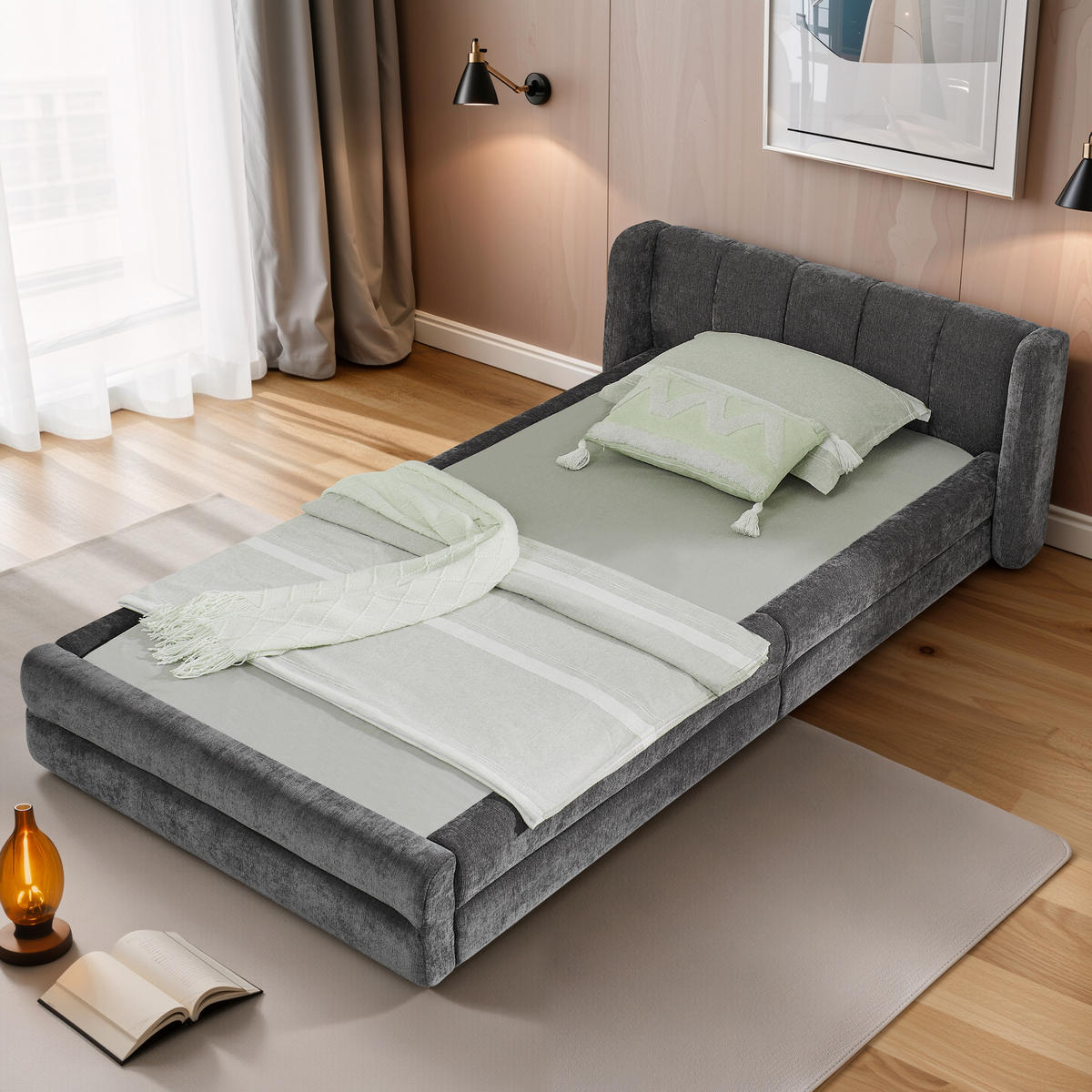 EINZELBETT 90x200 cm Chenille Rückenlehne grau - Dunkelgrau, Kunststoff (90/200cm) - LEBENLANG