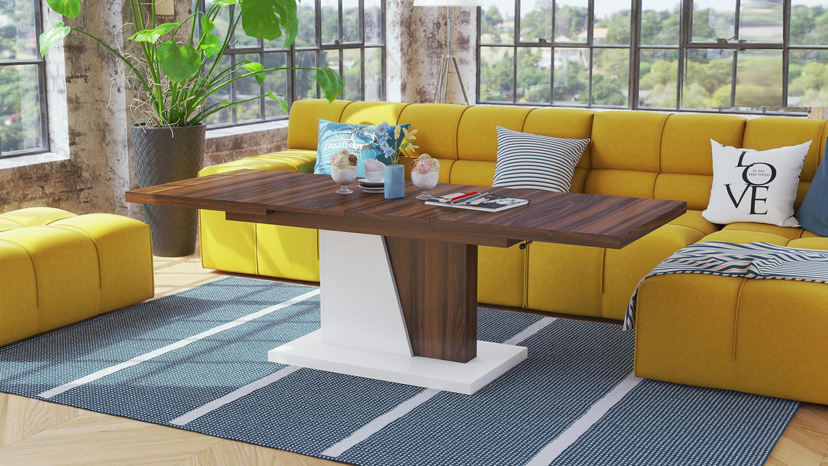 COUCHTISCH rechteckig Nussbaum - Weiß matt ausziehbar höhenverstellbar - Nussbaumfarben/Weiß, Holzwerkstoff (70/120/60cm) - designimpex
