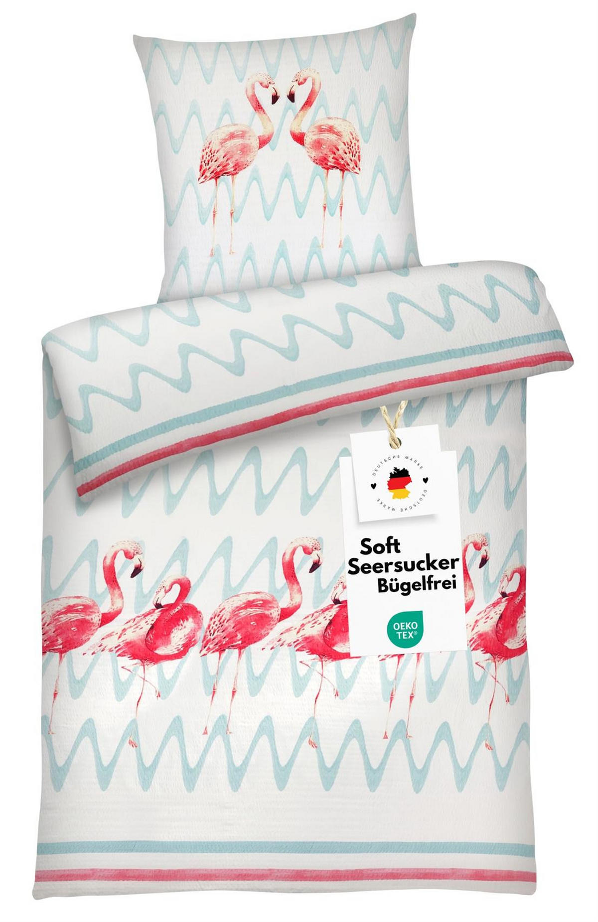 SEERSUCKER-BETTWÄSCHE 135x200 Flamingo Sommer Bettbezug Bügelfrei aus 100% Baumwolle, Bettbezüge Tier Muster - Multicolor, Textil (135/200cm) - Carpe Sonno