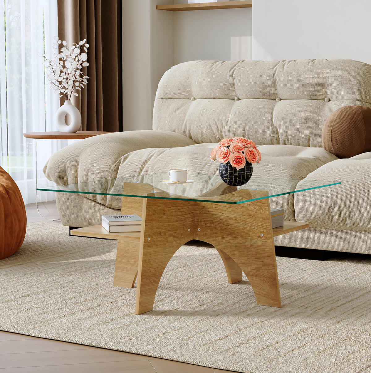 COUCHTISCH 80/80/40 cm aus Sicherheitsglas und MDF mit Ablagefach im minimalistischen Design, Transparent, Holzfarben - Transparent, Glas (80/80/40cm) - Redom