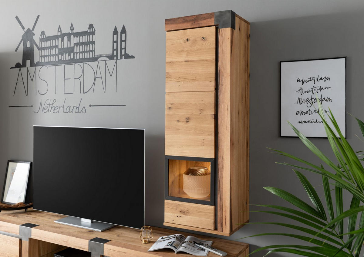 VITRINE Wildeiche / Zerreiche 47x35x142 natur geölt NEW AMSTERDAM #12 - Braun, Holz (47/142/35cm) - Massivmoebel24