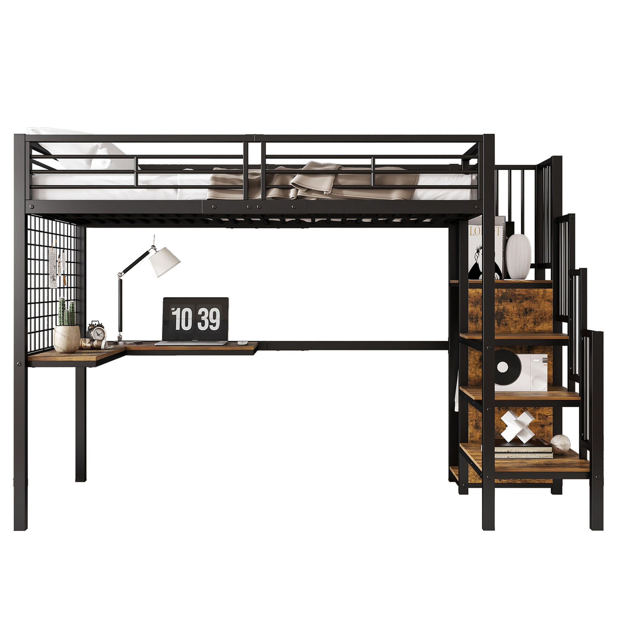 HOCHBETT 90/200 cm Schwarz und dunkle Holzfarbe aus Metall und Holzwerkstoff mit Kleiderschrank und Tisch - Schwarz, Holzwerkstoff (90/200cm) - OKMYHOME