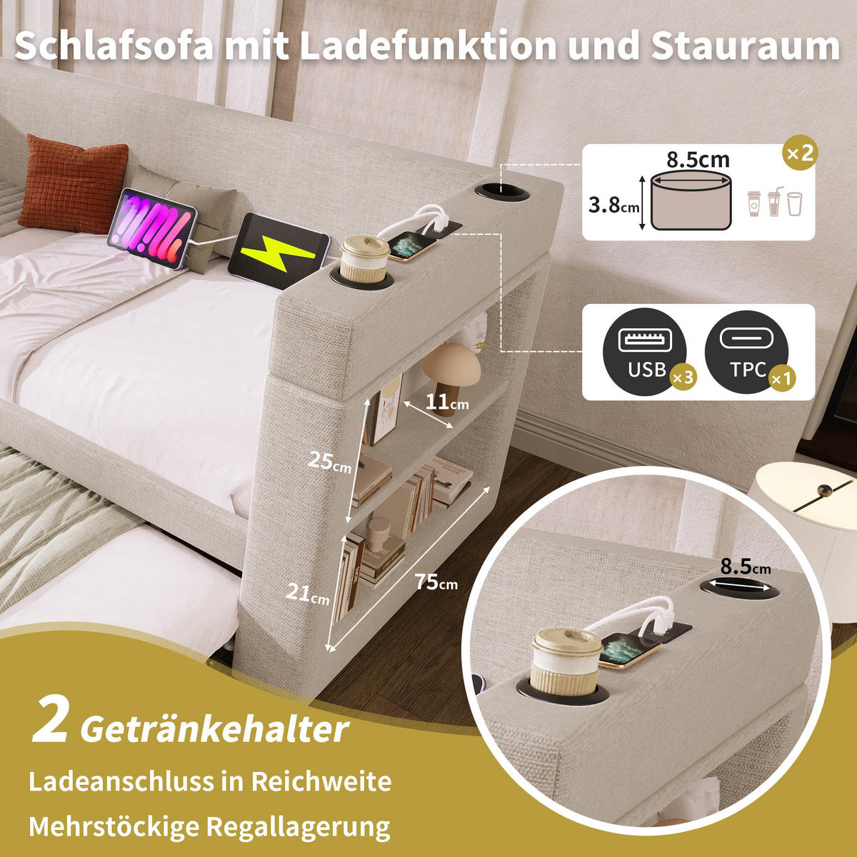 POLSTERBETT 90/200 cm Beige aus Baumwolle und Leinen mit Ausziehbett - Beige, Textil (90/200cm) - OKMYHOME