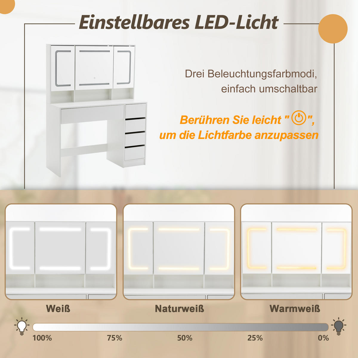 SCHMINKTISCH 80/40/140 cm Weiß mit LED-Beleuchtung und Hocker aus MDF - Weiß, Holzwerkstoff (40/140/110cm) - OKWISH