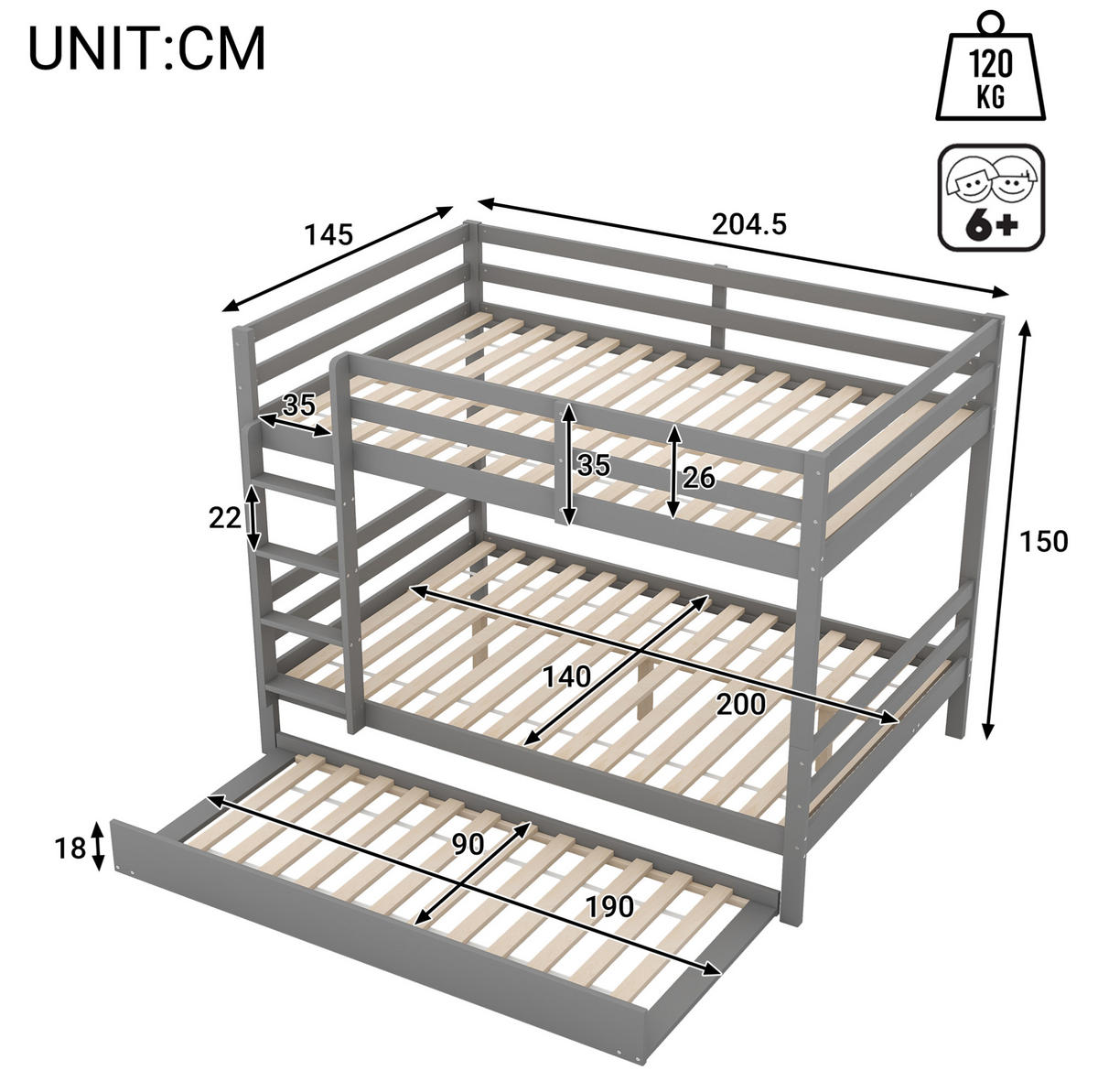 ETAGENBETT mit Ausziehbett und Treppe 140x200 cm Kiefernholz Grau - Grau, Holzwerkstoff (140/200cm) - Beauniv