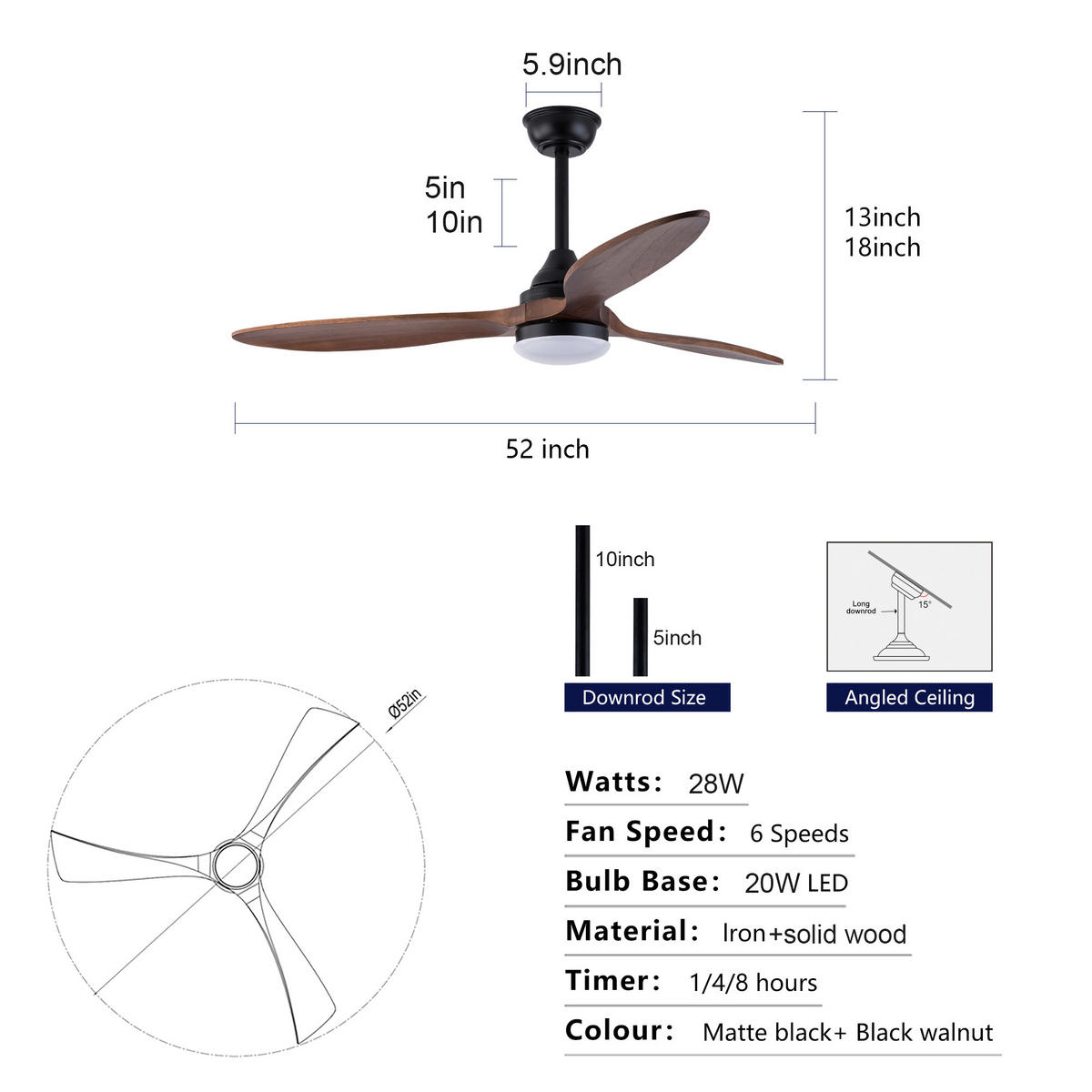 DECKENVENTILATOR DE-16254 52 Zoll mit CCT LED & Holzflügel Schwarz - Walnussfarben, Holz/Metall (132/132/37cm) - ComfortXL