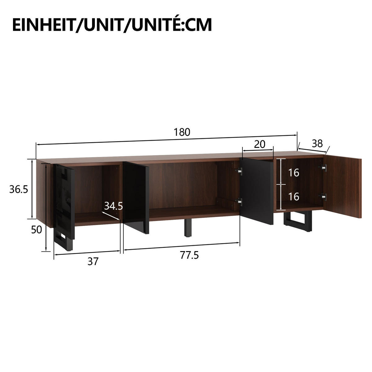 TV Lowboard 180x38x50 cm, 4 Türen, Vintage Holz - Schwarz, Holz (180/50/38cm)