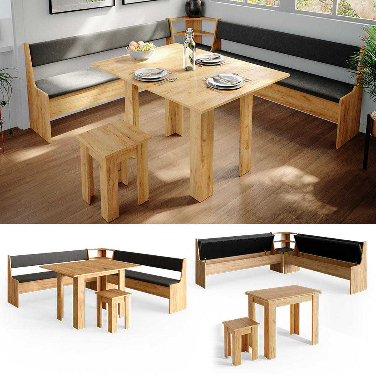 ECKBANKGRUPPE Roman Goldkraft Eiche 210 x 41.5 cm mit Tisch - Honigeiche/Anthrazit, Holzwerkstoff (210/80/210cm) - Vicco