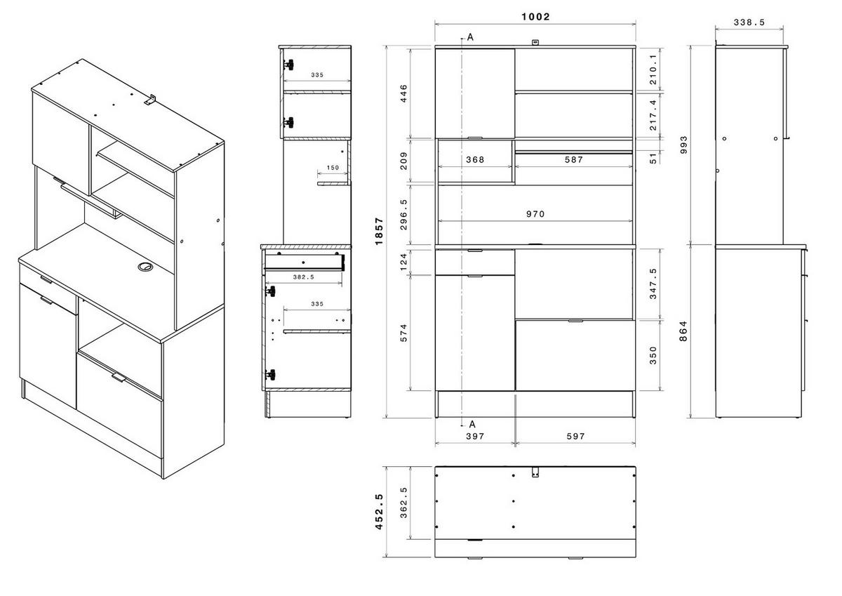 BUFFET weiß, Eiche, Set 2-tlg. Buffetschrank und Kücheninsel - Eichefarben/Weiß, Holzwerkstoff/Metall (116/184/80cm) - Parisot Meuble