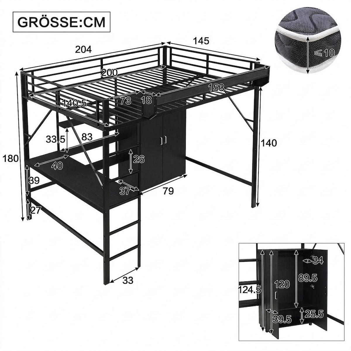 HOCHBETT 140/200 cm Schwarz mit Tisch, Kleiderschrank und 5-stufiger Leiter - Schwarz, Metall (140/200cm) - Oxeza