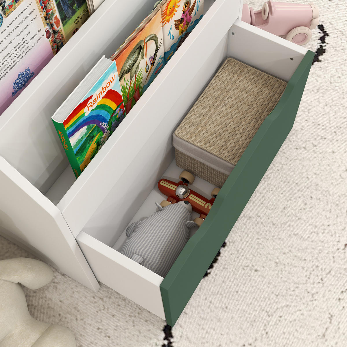 KINDERREGAL DE-17234 3 Ebenen & 1 Schublade Grün - Grün, Naturmaterialien (62.5/70/30cm) - ComfortXL