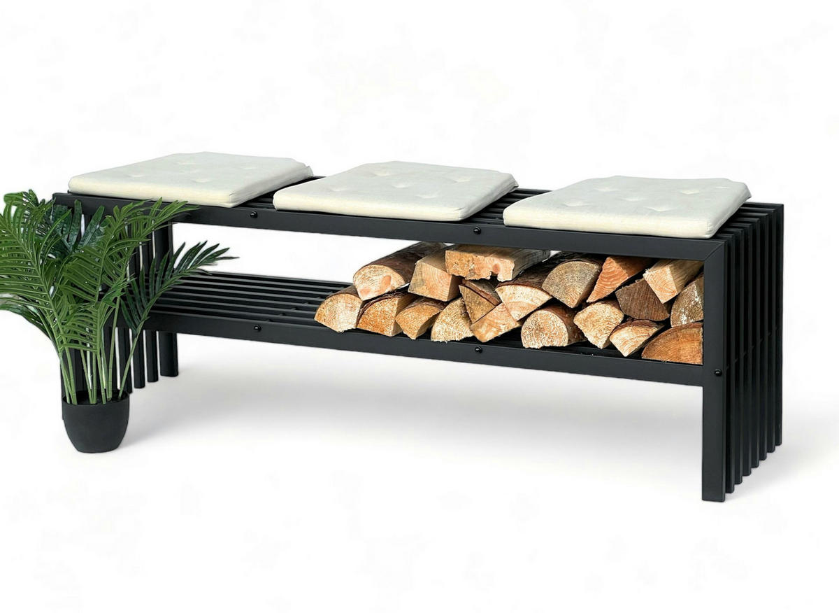 KAMINHOLZREGAL Innen mit Sitzbank Metall Schwarz 150 cm - Schwarz, Metall (150/50/40cm) - DanDiBo