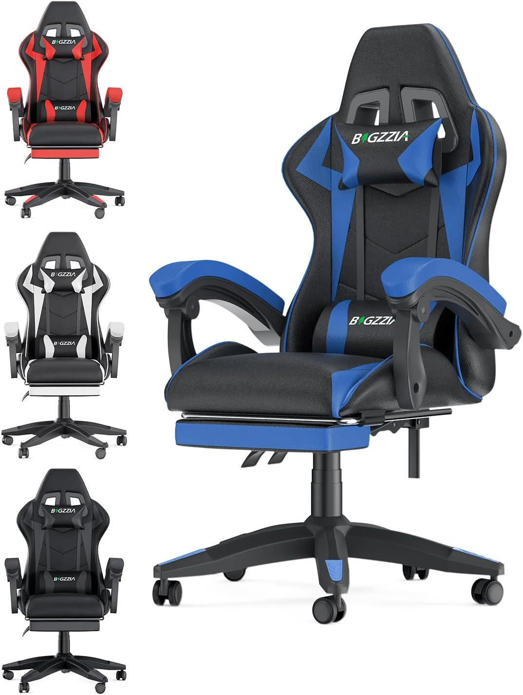 GAMINGSTUHL Schwarz-Blau Racing ergonomisch mit Fußstütze - Blau, Metall (29/59/79cm) - Rattrix