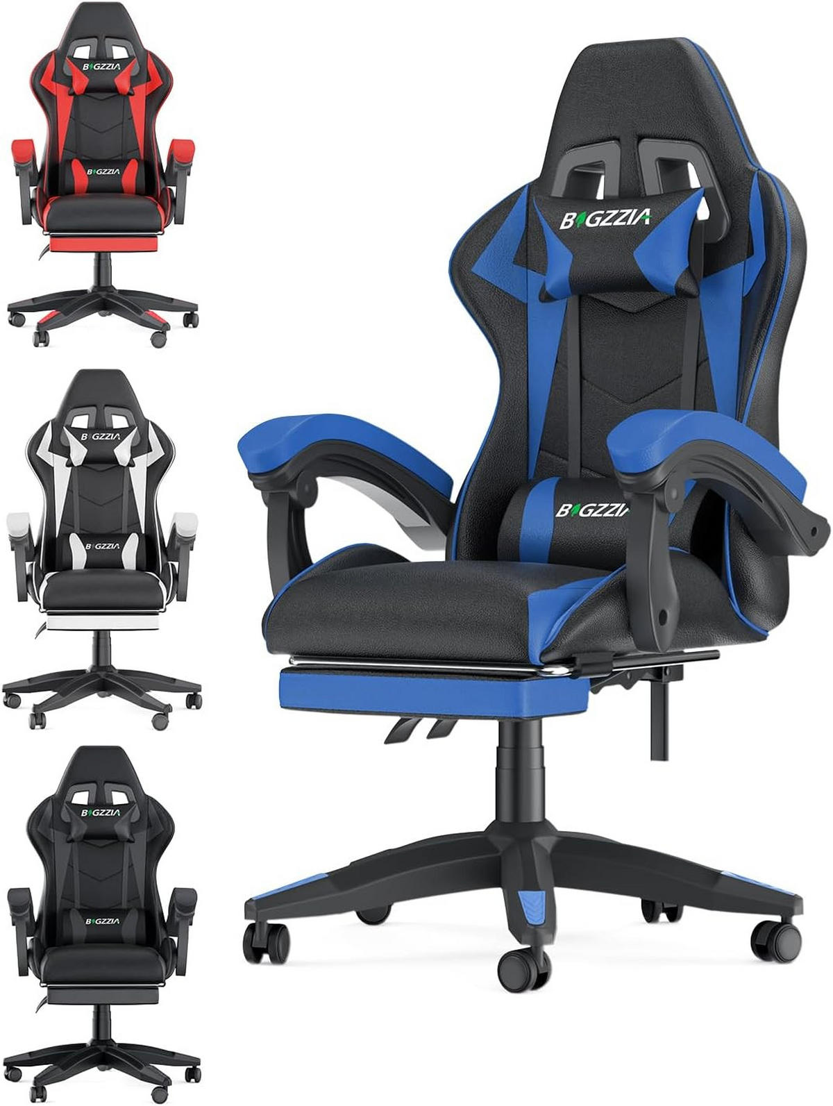 GAMINGSTUHL Schwarz-Blau Racing ergonomisch mit Fußstütze - Blau, Metall (29/59/79cm) - Rattrix