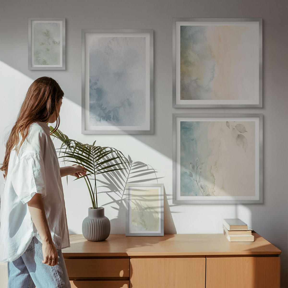BILDER SET 5er Set - 50x50 cm & 20x30 cm & 40x60 cm Silberner Rahmen - Pastellfarbene Aquarell-Leinwandtextur - Silberfarben, Kunststoff (40/60cm) - TULUP