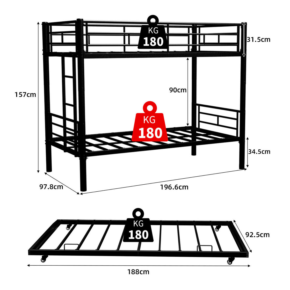 ETAGENBETT 90/200 cm aus Metall in Schwarz mit breiten Holzstufen - Schwarz, Metall (90/200cm) - Modenvie