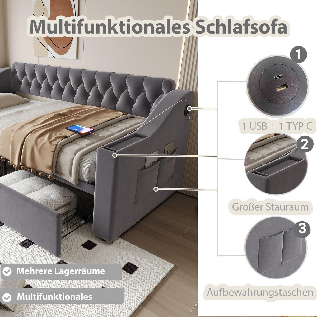 POLSTERBETT 90/190 cm Dunkelgrau aus Samt mit Stauraum und USB- und Type-C-Anschlüssen - Grau, Textil (90/190cm) - OKWISH