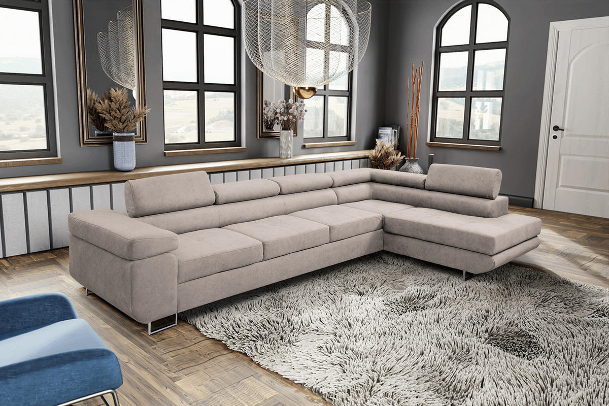 ECKSOFA Marlene IV L-Form mit verstellbaren Kopfstützen Schlaffunktion Bettkasten 347 cm rechts beige - Beige, Kunststoff (202/347cm) - Margaret Hadas24