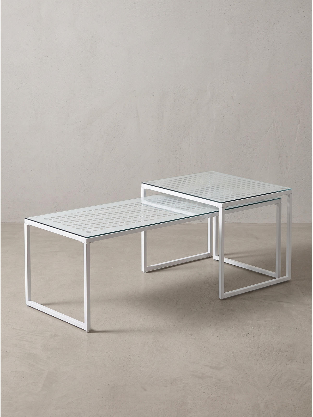 SOFATISCHE 2er-Set ALCUDIA, Einscheibensicherheitsglas, Weiß, 100 x 40 x 35 cm - Weiß, Glas/Metall (40/100/35cm) - KADIMA DESIGN