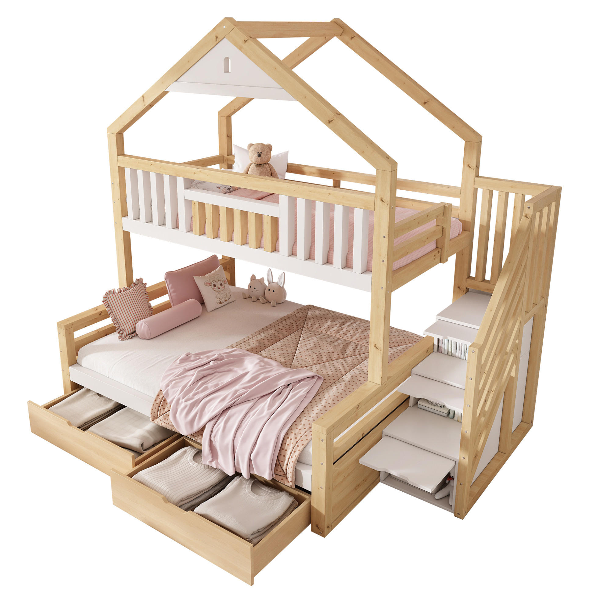 ETAGENBETT Holz 140x200 cm Weiß & Eiche mit Treppenschrank, 2 Schubladen und Giebeldach - Weiß, Holz (140/200cm) - Modfu