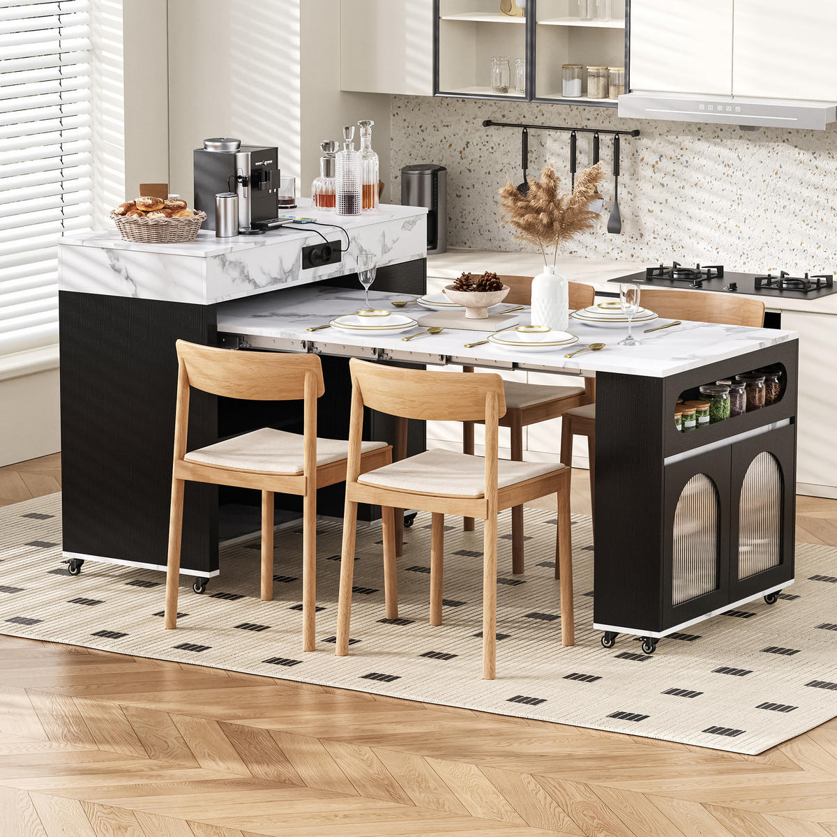 KÜCHENINSEL aus MDF 50.5-187.5x110.5x95.5 cm Schwarz mit Ausziehtisch & Steckdosen - Schwarz, Holzwerkstoff (187.5/95.5/110.5cm) - Modfu