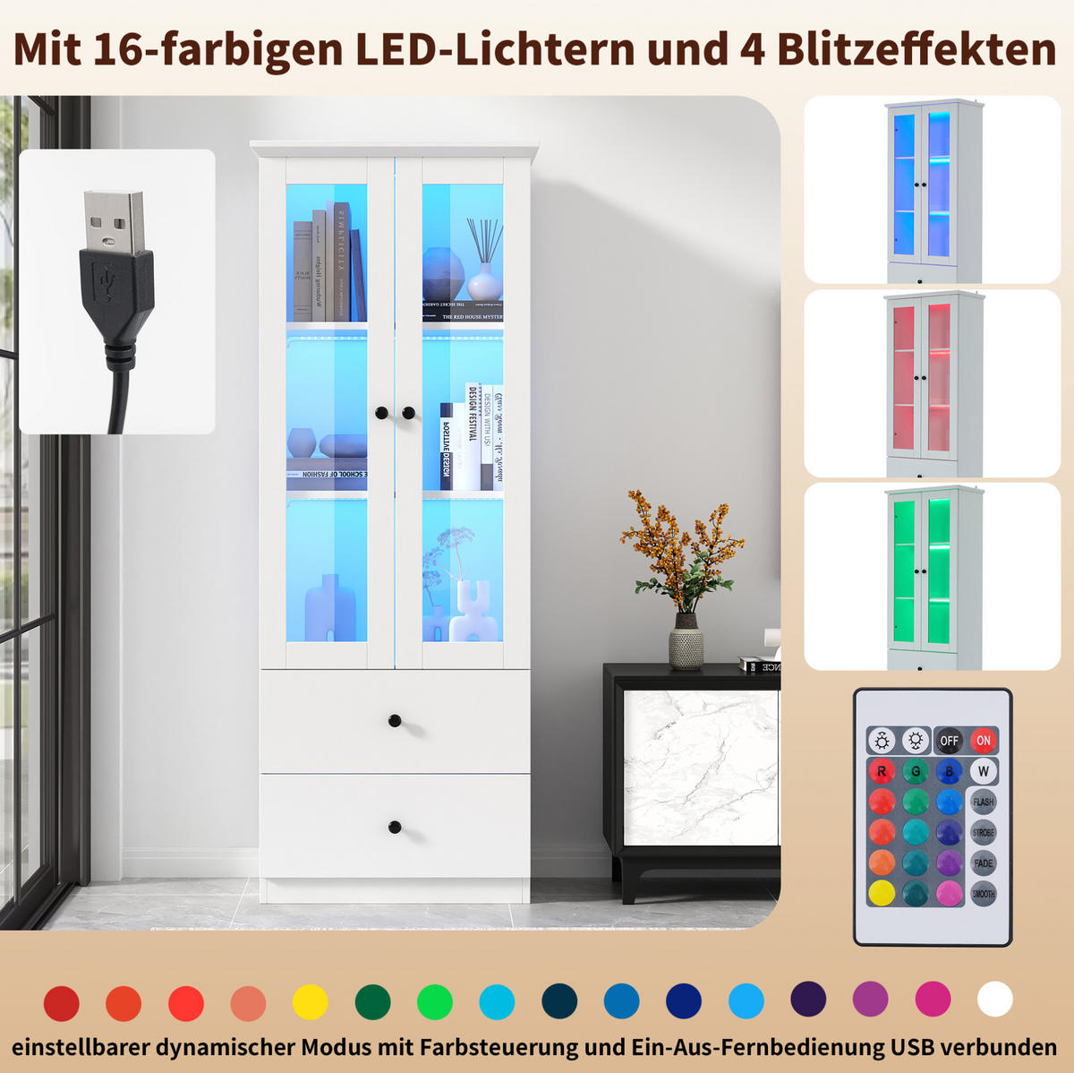 VITRINA 165 cm bijela s LED rasvjetom, USB priključkom i 2 ladice - bijela, drvni materijal (60/165/35.5cm) - BEAOK