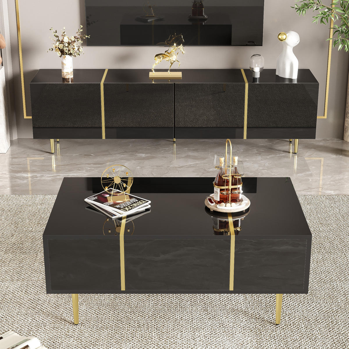 TV-ELEMENT- und Couchtisch-Set in Schwarz Hochglanz mit Goldakzenten und Stauraum - Schwarz, Holzwerkstoff (170/46/35cm) - Flora Grace