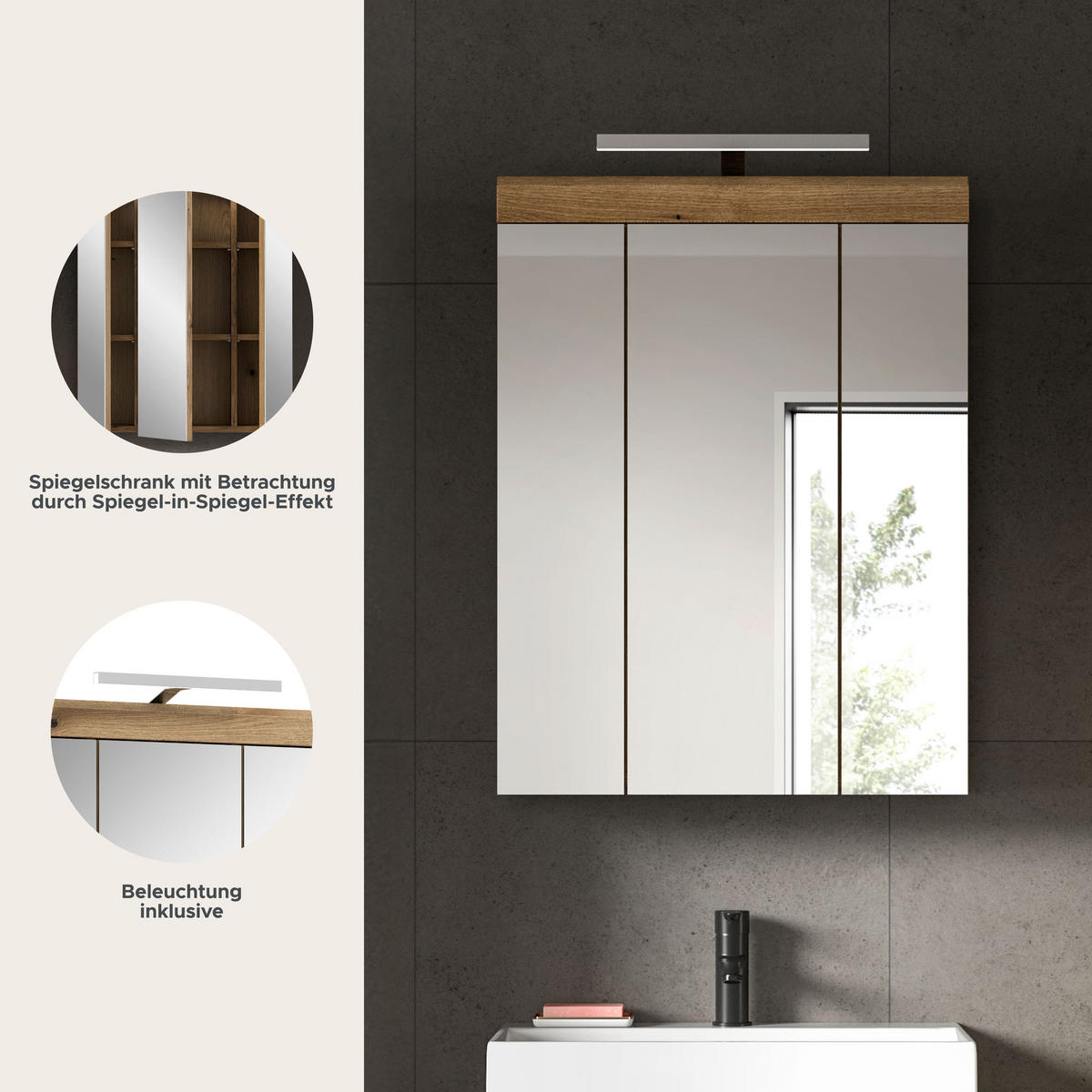 SPIEGELSCHRANK inkl. Bel. SCOUT (B/H/T: ca. 60/79/18 cm) in Evoak Oak Nachbildung/Spiegelglas - Eichefarben, Holzwerkstoff (60/79/18cm)