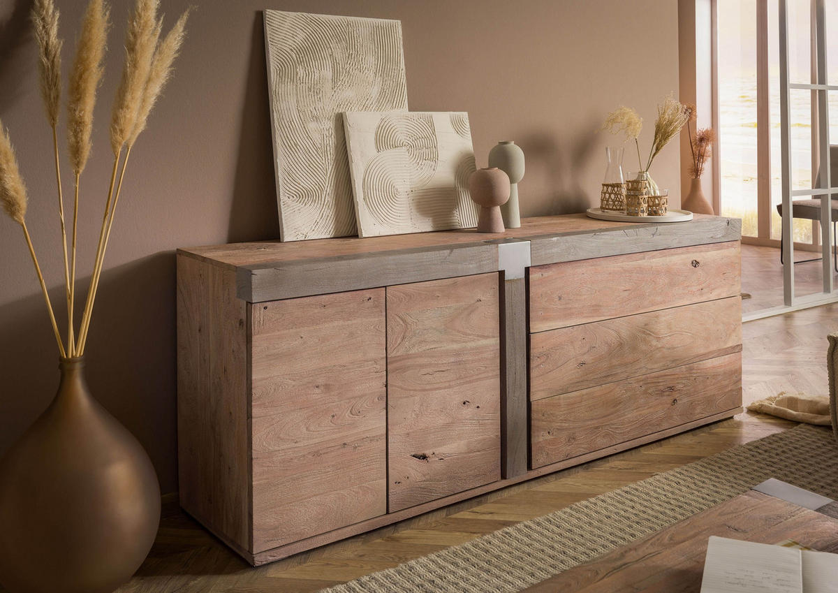 SIDEBOARD Akazie 200x45x75 beige lackiert Amsterdam #130 - Beige, Holz (200/75/45cm) - Massivmoebel24