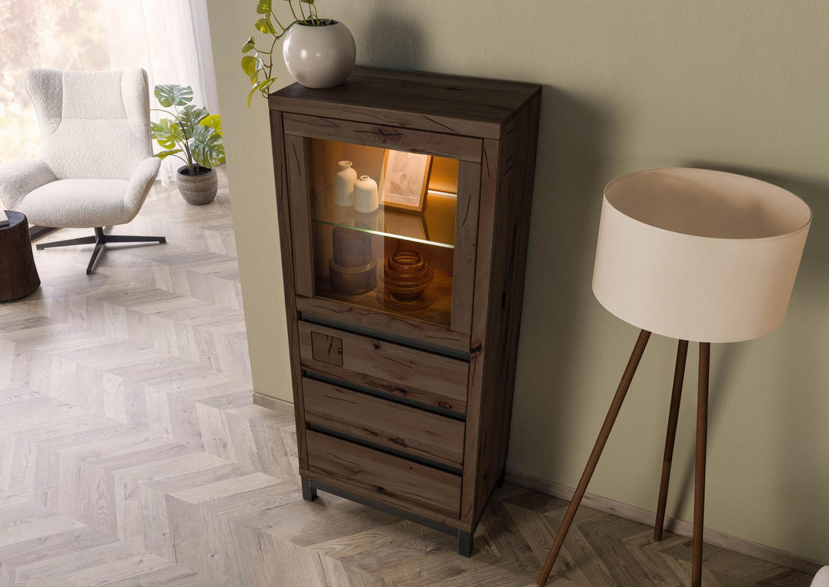 VITRINE Kernbuche 65x40x148 tabacco braun geölt VILLANDERS #203 - Braun, Holz (65/148/40cm) - Massivmoebel24